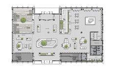 the floor plan for an office with several tables and chairs, including two couches