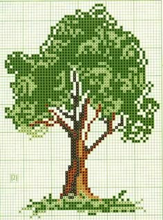 a cross stitch pattern with a tree on the front and bottom, in shades of green