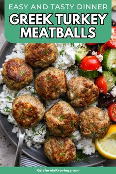 greek meatballs with rice and vegetables on a plate