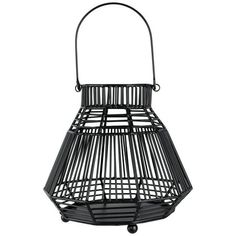 a black metal basket hanging from the side with wheels and handles on an isolated white background