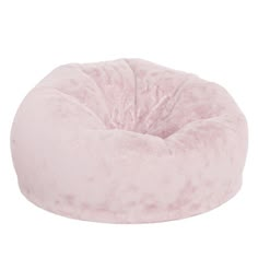 the pink bean bag chair is made from plush material and has a large, round cushion on