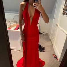 Red Plunge Gown Red Sherri Hill Prom Dress, V-neck Gown For Red Carpet And Prom Season, V-neck Evening Dress For Red Carpet Or Prom Season, Backless Dresses For Red Carpet And Prom Season, Backless Dresses For Prom Season And Red Carpet, Red Carpet V-neck Dress For Prom Season, Red Backless Evening Dress, Elegant Backless Red Carpet Gown, Red Backless Evening Dress For Gala