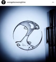 a pen and ink drawing of a fish in the shape of a crescent with an upside down tail