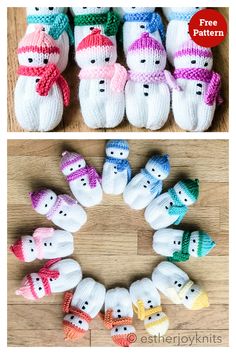 there are several knitted snowmen in different colors and sizes on the floor with text overlay that says free pattern