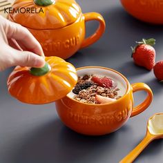 Faster shipping. Better service Ceramic Mug With Lid, Pumpkin Bowls, Pumpkin Cups, Oatmeal Cups, Creative Pumpkins, Pumpkin Coffee, Tassen Design, Fruit Breakfast, Breakfast Cups