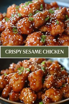 crispy sesame chicken in a bowl with sesame seeds on top