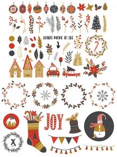 christmas decorations and ornaments are arranged on a white background, with the words joy written in red