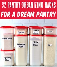 six pantry organizing hacks for a dream pantry with text overlay that reads, 32 pantry organizing hacks for a dream pantry