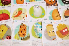 several cards with pictures of fruits and vegetables on them, all in different shapes and sizes