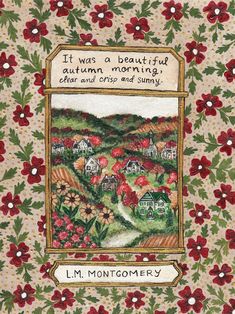 a quilt with red flowers on it that says it was a beautiful autumn morning, dear and crisp and sunny