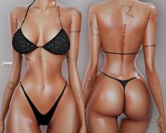 two female mannequins with tattoos on their backs and butts are shown