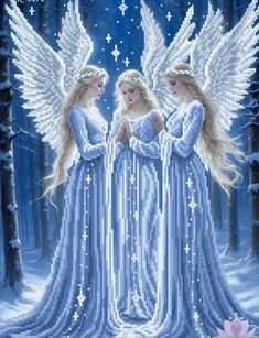 two angels standing next to each other in the snow with stars on their chest and arms