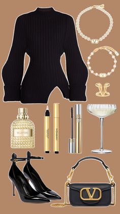 Valentino bag, shoes, perfume. YSL cosmetics. Simple black dress. Black and gold outfit for evening Perfume Ysl, Ysl Cosmetics, Black And Gold Outfit, Valentino Bag, Simple Black Dress, Gold Outfit, Valentino Bags, Classy Chic, Old Money