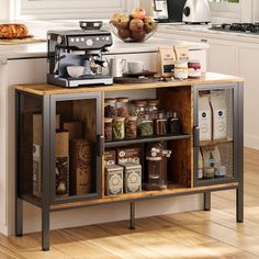 a coffee maker sitting on top of a kitchen counter next to a shelf filled with food