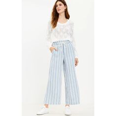 New With Tag Size Large Approximate Measurements (Flat, In Inches) Waist 17.5 Rise 13 Inseam 26.5 100% Lyocell Blue And White Stripe Colorway All Offers Considered! Tags: Resort Coastal Grandma Easy Relaxed Vacation Casual Beachy Wide Leg Cropped Pants Outfit, Cropped Pants Outfit, Wide Leg Pants Jeans, Black Palazzo Pants, Loose Fitting Pants, Button Pants, Olive Green Pants, Wide Leg Crop Pants, Wide Leg Palazzo Pants