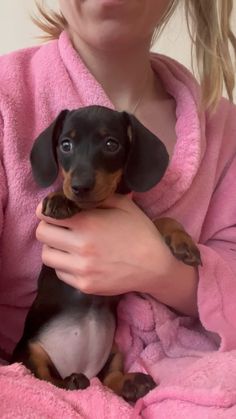 a woman in pink robe holding a small black and brown dog