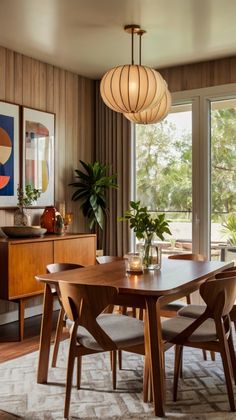 a dining room table surrounded by chairs and art on the wall in front of large windows