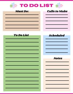 the to do list is shown in pink, green and blue