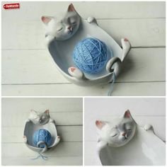 three pictures of cats with balls of yarn in the shape of balles and bowls