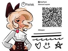 a cartoon character with a qr code on her shirt and skirt, standing in front of a qr code