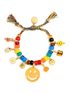 Show the world you've got the universe at your fingertips with our My Own Planet Bracelet! A unique collection of charms -- from bright rainbow glass beads to sparkling pave rhinestones -- create a look that's out of this world! Peace, butterfly, daisy, and smiley charms complete the stellar ensemble, so you'll be the cosmic queen of any room you enter! 6" Adjustable rainbow threadwork Drawstring closure (extendable up to 8") Gold plated brass hardware Glass charms Ceramic charms Pave rhinestone Fun Multicolor Charm Jewelry, Playful Bracelet Jewelry For Jewelry Making, Whimsical Multicolor Jewelry For Friendship, Rainbow Charms Bracelet As A Gift, Playful Jewelry With Charms And Round Beads, Playful Jewelry With Round Bead Charms, Playful Jewelry With Round Beads And Charms, Trendy Multicolor Jewelry With Removable Charms, Fun Charm Bracelet Jewelry