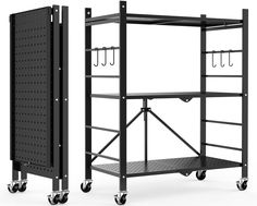 a black metal shelf with two shelves on wheels