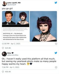 two tweets that have been posted to someone on their twitter account, one has purple hair and the other is black