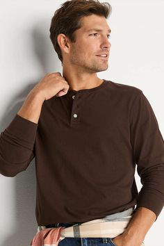 Men's Dark Brown Super-T Long Sleeve Henley Shirt | Male Clothes | Outfit Ideas | Lands' End