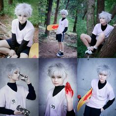 four different pictures of a boy with white hair and grey hair holding a skateboard