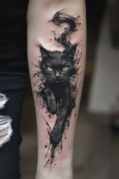 a black cat with green eyes is shown on the arm and leg, as well as an ink splatter