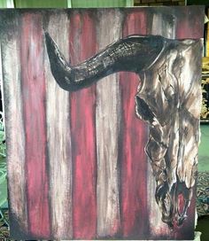 a painting of a bull's skull on a red, white and blue background