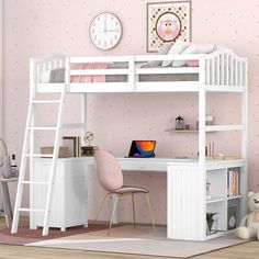 a white loft bed with desk underneath it