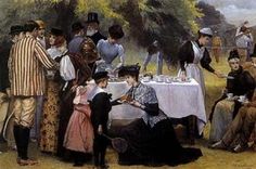 a painting of people sitting at a table in front of a tree and eating food