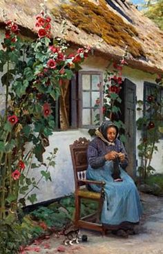 a painting of a woman sitting on a chair in front of a house with flowers