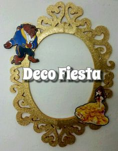 a mirror with the words deco fiesta written in spanish and an image of beauty and the beast