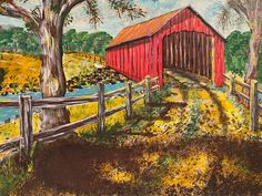 a painting of a red covered bridge in the country