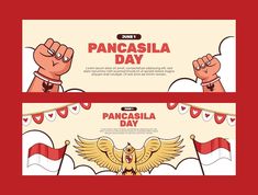 two banners with the words pancasia day and an image of a bird holding a flag