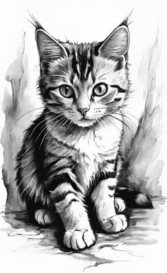 a black and white drawing of a kitten