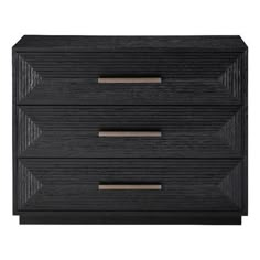 a black dresser with three drawers and two pulls on the front, one drawer open