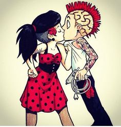 a drawing of two people kissing and one is wearing a red dress with black polka dots