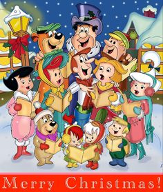 a group of cartoon characters standing in front of a christmas card with the words merry christmas