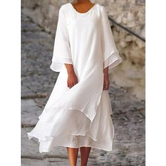 Season:Summer,Fall,Autumn,Spring; Fabric:Cotton Blend; Sleeve Length:Long Sleeve; Look After Me:Machine wash; Gender:Women's; Style:Basic,Casual; Elasticity:Micro-elastic; Occasion:Vacation,Daily,Outdoor; Fit Type:Loose Fit; Dresses Type:White Dress,Casual Dress,Swing Dress,Cotton Linen Dress; Pattern:Pure Color; Design:Layered,Button; Neckline:Crew Neck; Front page:FF; Listing Date:03/30/2023; Production mode:External procurement; 2024 Trends:2023; Bust:; Length:; Shoulder Width:; Sleeve:; Fit US Size:; Fit UK Size:; Fit EU Size:; Dress Length Type:Midi Dress; Fabric2:Cotton linen Solid Color Spring Dress With Split Hem, Casual White Dresses With Side Slits, Cotton Short Dresses, Elegante Y Chic, Cotton Linen Dresses, Round Neck Dresses, Vestidos Vintage, Layer Dress, Moda Vintage