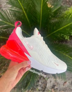 Swarvoski nike blinged air max 270 for women!  Both inner and outer Nike checks blinged and the "AIR" on the backs!  SIZING:  Runs a half size small... or a half size up.  Ex. 8.5 regular orders a 9  COLOR: white yellow and coral   All shoes are 100% authentic and purchased through Nike or an authorized dealer such as: Finish line, Champs, Footlocker.   IMPORTANTPlease allow 2-3 weeks at the latest for your shoes to be completed and shipped, these are made to order  All Sales are final so please make sure the size you order is correct & ask all questions before ordering. :) Crystals are adhered with a high quality permanent gem adhesive. Message me for different colors/styles and questions :)  Happy Shopping! Nike Shoes Women Fashion, All Nike Shoes, Cute Sneakers, Nike Air Max 270, Air Max 270, Nike Shoes Women, Running Shoes Nike, Womens Tie, Christmas 2024