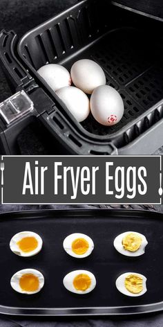 four eggs in an air fryer with the words air fryer eggs above them