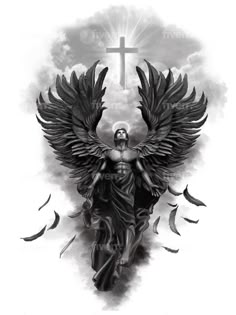 a black and white drawing of an angel with a cross on it's back