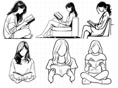 four women sitting in different positions reading books