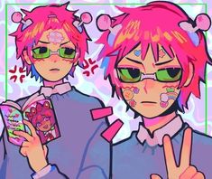 two anime characters with pink hair and green glasses holding up peace signs in front of them