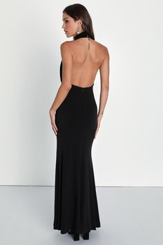 Classic glamour like the Lulus Romantic Chance Black Halter Backless Mermaid Maxi Dress will always impress! Slinky jersey knit fabric shapes this sultry dress that has a modified halter neckline with loop button closures. Bodice boasts a gathered design and a stunning open back that's sure to have all eyes on you! Skirt falls in a mermaid silhouette, finishing at a maxi hem. Hidden zipper/clasp at back. Fit: This garment fits true to size. Length: Floor length. Size medium measures 61" from top Backless Dress Maxi, Black Backless Prom Dress, Long Backless Dress, Backless Mermaid Dress, Backless Dress Black, Halter Backless Dress, Black Halter, Black Halter Dress, Maid Of Honour Dresses