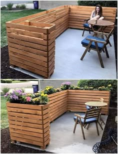 two pictures of a wooden planter with flowers growing out of it, and another photo of a woman sitting at a table in the middle