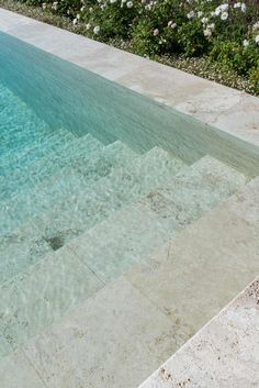 an empty swimming pool surrounded by flowers and greenery